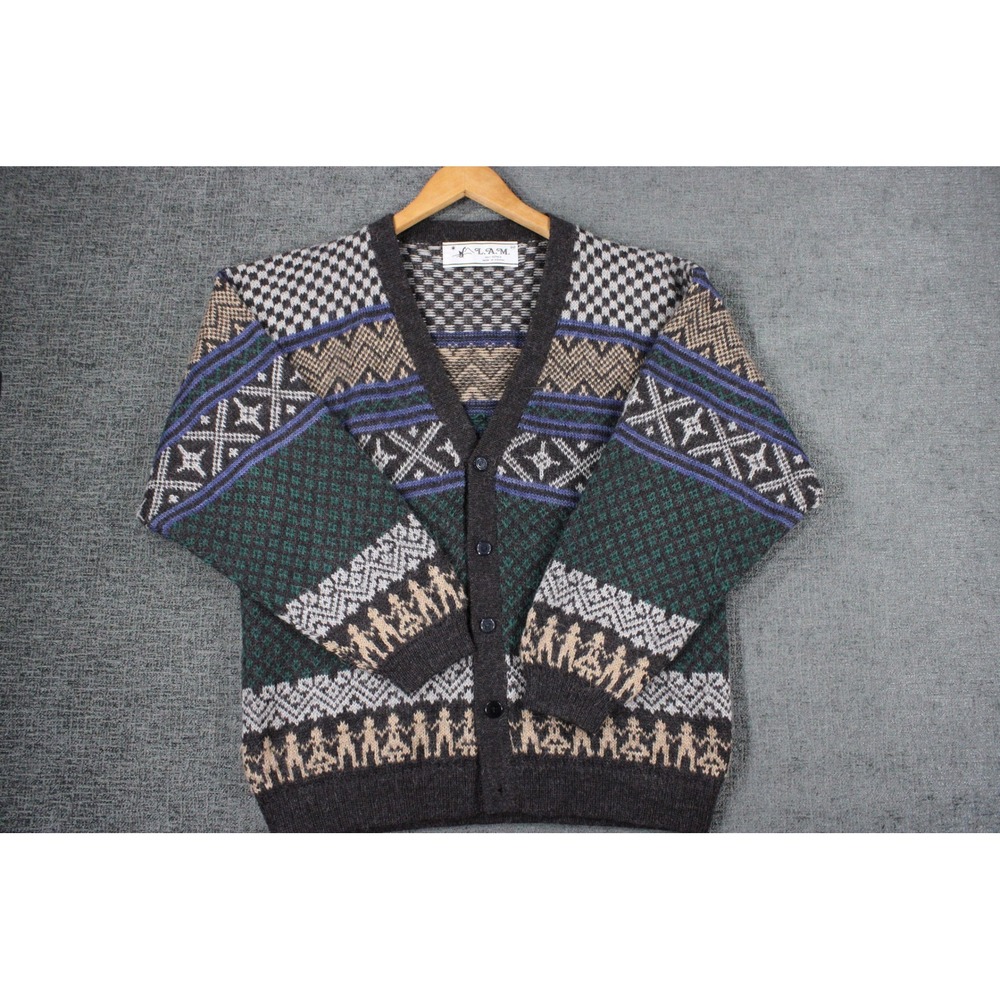 Vintage Alam Cardigan Sweater Fair Isle Geometric Human Figures Knit Gray Green